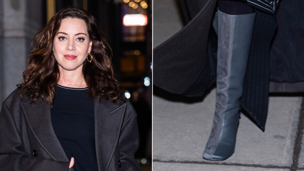 Aubrey Plaza wearing Ami Paris' Anthracite Black Leather Bicolor Knee High Boots at the brand's dinner at Chez Balthazar in New York City on Monday night.