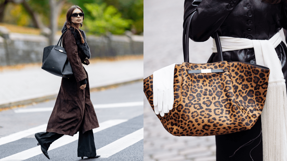 emily ratajkowski walking on the street with demellier bag in black suede on her shoulder; close up shot of demellier handbag in a leopard print, with white glove resting overtop