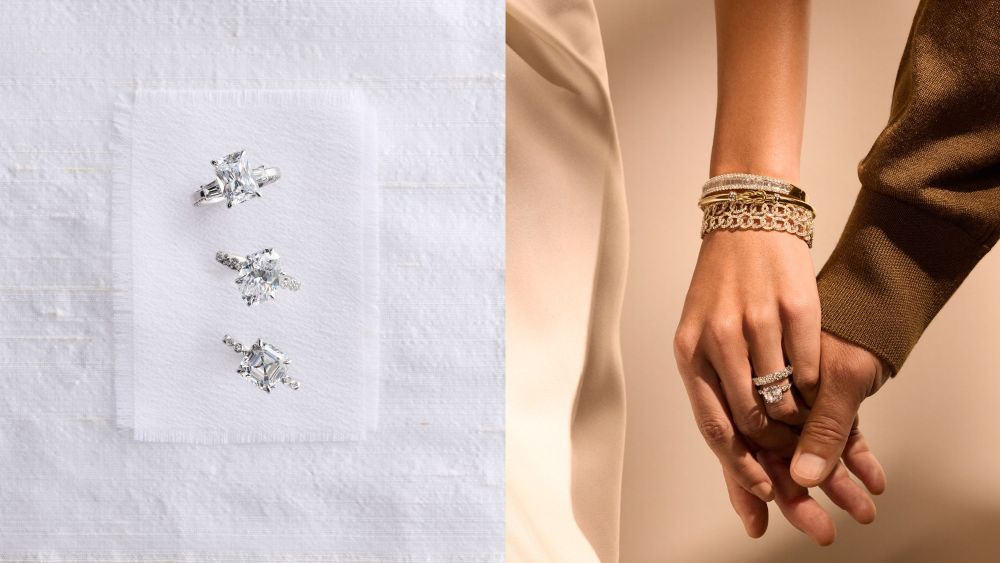 a white cloth with three different blue nile engagement rings laid out overtop; woman and man holding hands, with the latter wearing a blue nile engagement ring and a bracelet stack on her hand