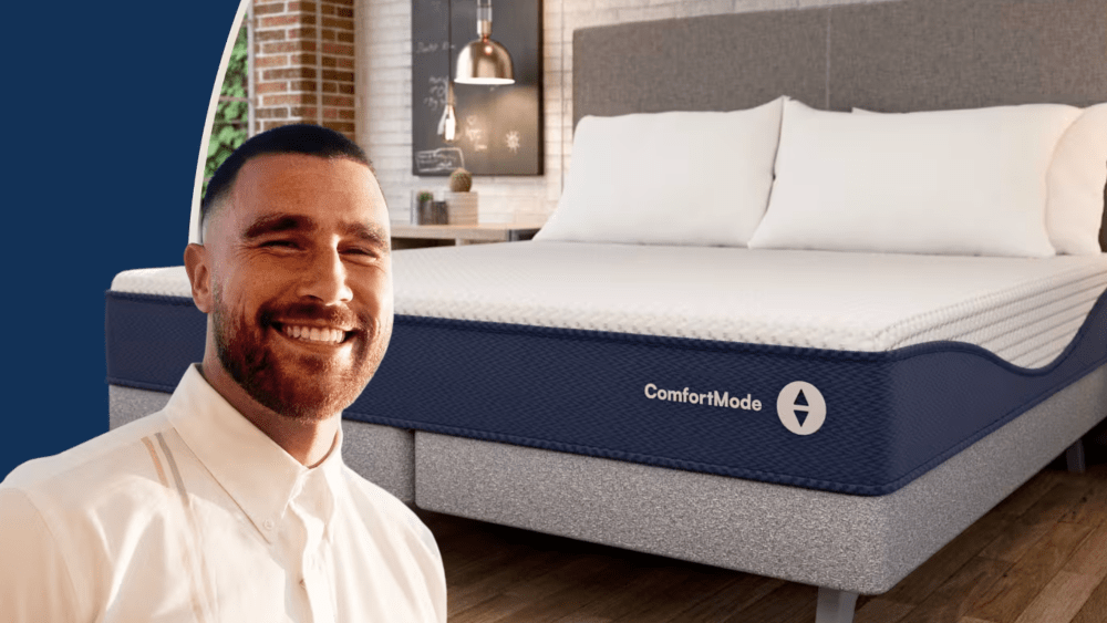 travis kelce portrait overlaid on a photo of a bed topped by sleep number's comfort mode mattress