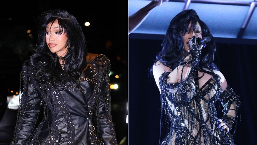Cardi B in two Bryan Hearns leather looks: a full-length trench and a leather-and-lace bodysuit, after and during her performance on the 1,000th episode of "Saturday Night Live."