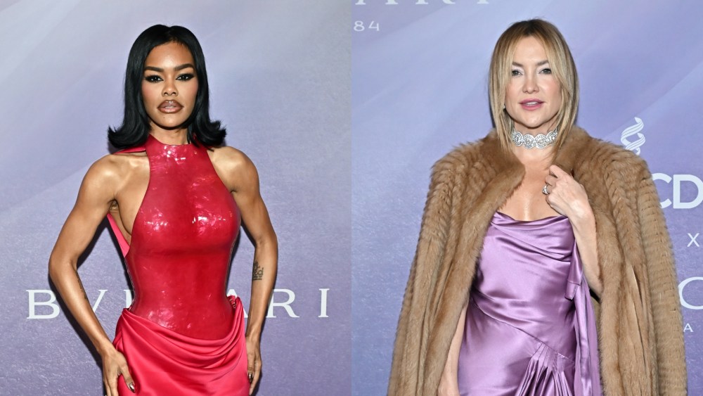 Teyana Taylor in Tamara Ralph, left, and Kate Hudson in Valentino at the 28th Costume Designers Guild Awards on Feb. 12 in Los Angeles.