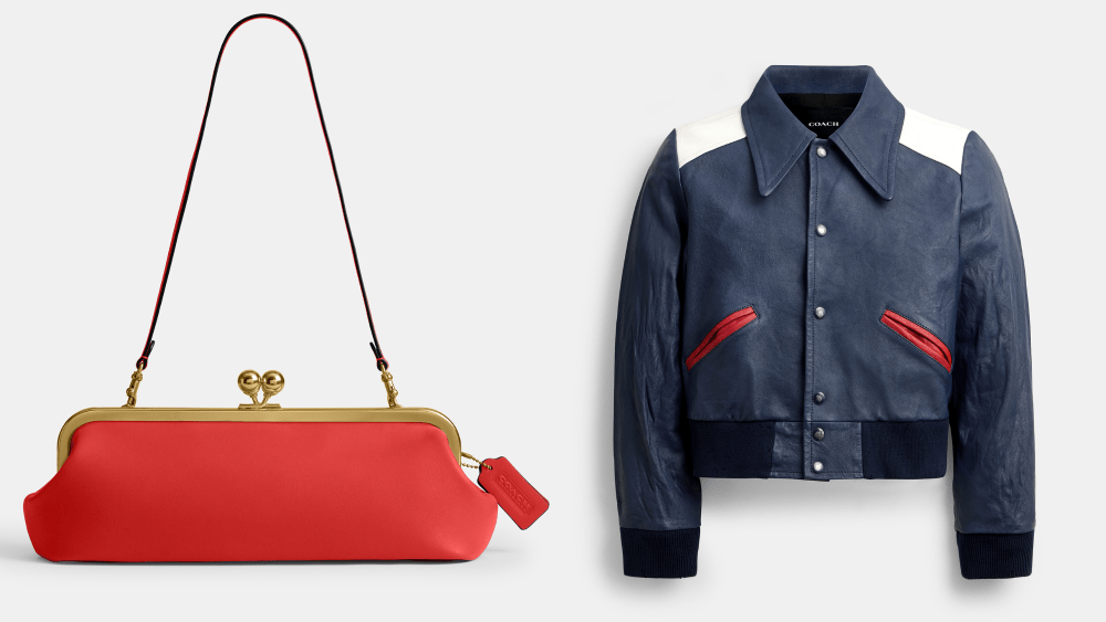 new coach kisslock bag in red and blue varsity jacket over a light background, side by side