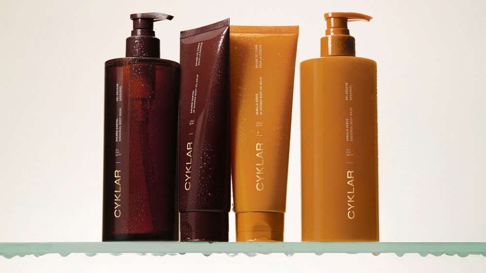 Cyklar body washes and lotions in Vanilla Verve, Sacred Santal scents.
