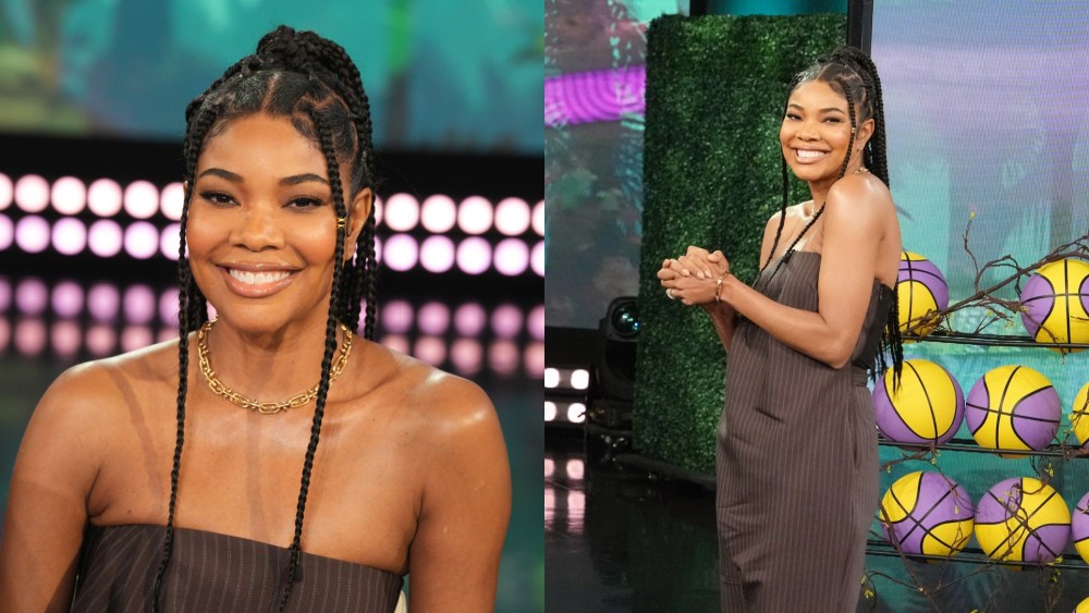 Gabrielle Union-Wade wears a striped jumpsuit on "The Jennifer Hudson Show" on Feb. 10 in Los Angeles.