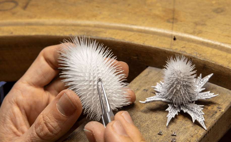 A sculpted thistle at Boucheron, made in 3D printed biosourced resin, a material new to high jewelry.