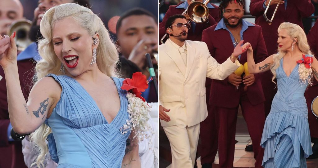 Lady Gaga Makes Surprise Super Bowl Halftime Show Return in Blue Flamenco Dress With Flor de Maga