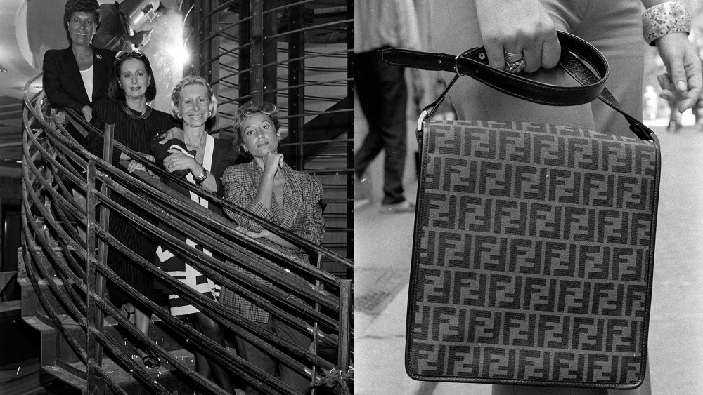 Carla, Paola, Anna and Silvia Venturini Fendi in 1989 and Fendi's 1974  interlocking F coated canvas shoulder bag.