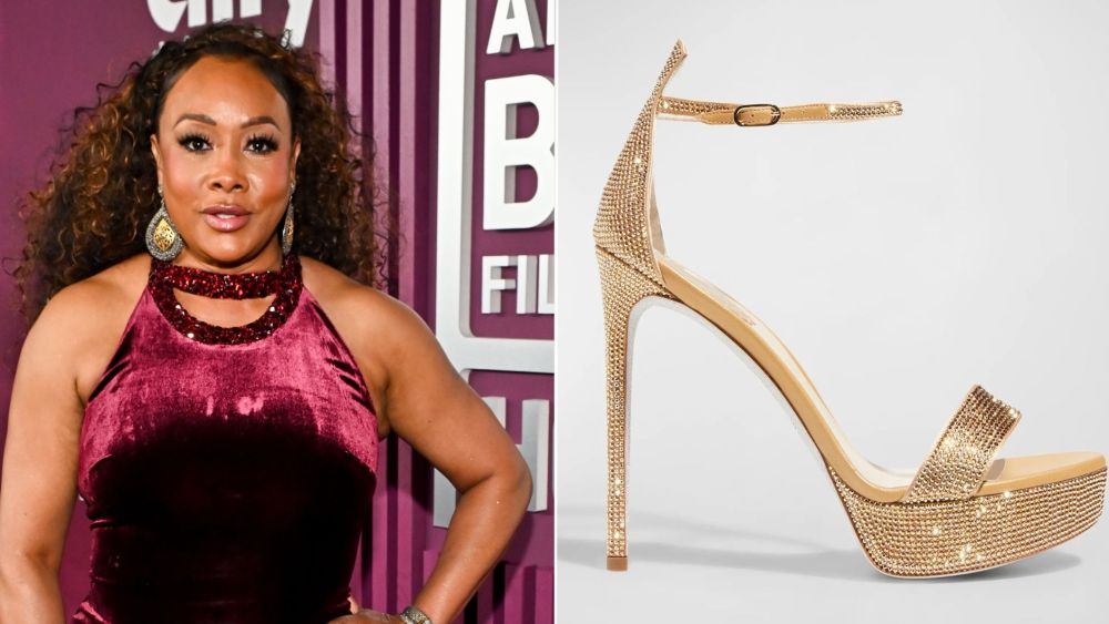 Vivica A Fox paired gold crystal-covered Rene Caovilla platform sandals with a geometric pedicure and a Balmain gown at the ABFF Honors on Monday in Los Angeles.