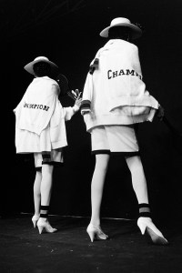 Sonia Rykiel spring 1982 ready to wear and Maud Frizon cone heel pumps on the runway, Paris.
