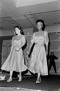 Models display clothes during an event at the Hyatt Regency Tech Center in Denver, Colorado, on March 11, 1986.