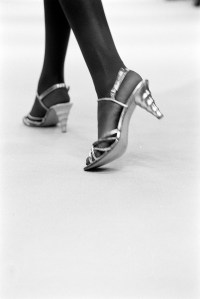 Maud Frizon silver and gold sandals on the runway at the Missoni spring 1981 ready to wear show.