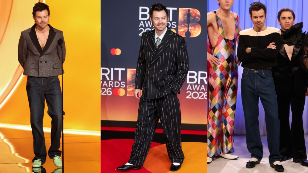 Harry Styles at the 2026 Grammys; Harry Styles at the 2026 Brit Awards; Harry Styles on 'Saturday Night Live' in 2026.