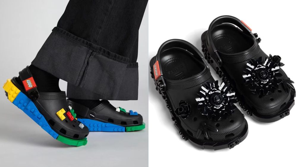 How to buy Lego x Crocs online; model wearing new lego x crocs collab shoes; black crocs with legos on them photographed over a white background