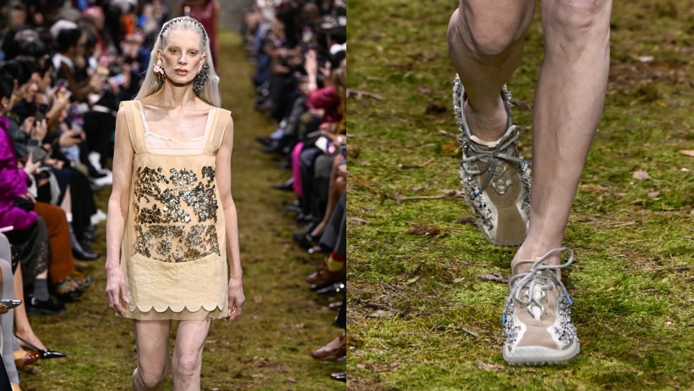 Kristen McMenamy on the runway at the Miu Miu fashion show as part of Paris Fashion Week Fall 2026 held at Place d'Iéna on March 10, 2026 in Paris, France.