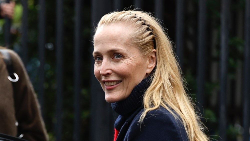 Gillian Anderson outside the Miu Miu Fall 2026 ready-to-wear show.
