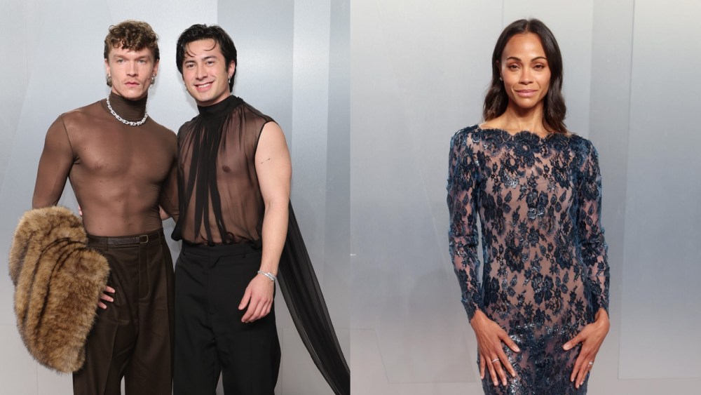 Connor Storrie, Hudson Williams and Zoe Saldaña in sheer fashion at the 2026 Vanity Fair Oscars After Party.