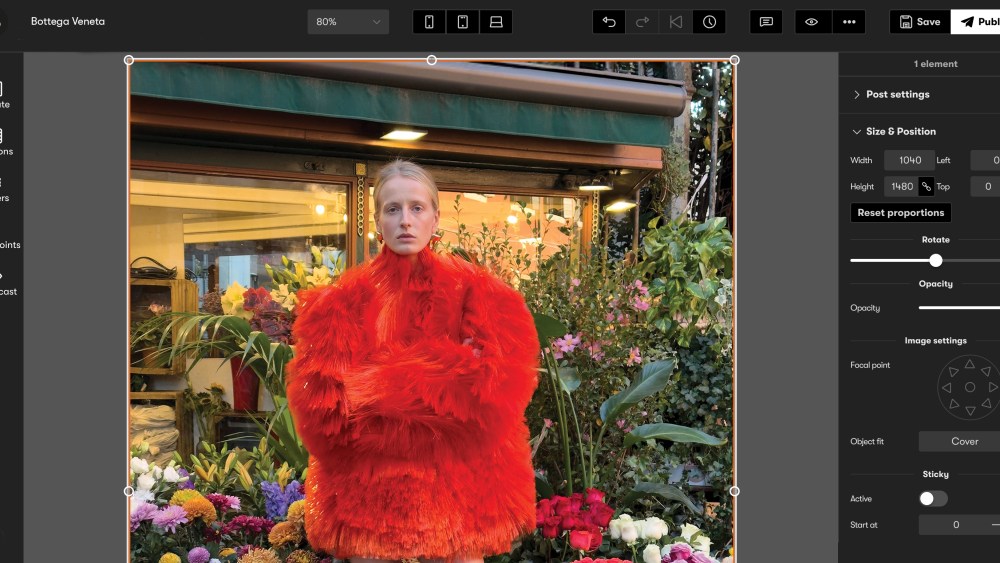 The backend of the Bottega Veneta website, powered through Live Story.