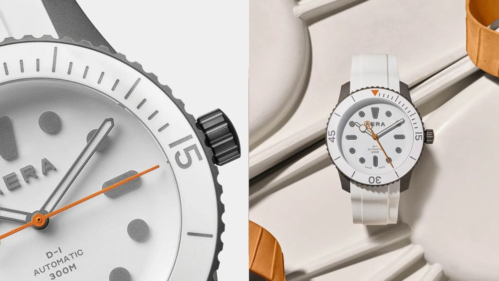 two angles shown of the new aera x todd snyder D-1 Diver Watch in a white colorway