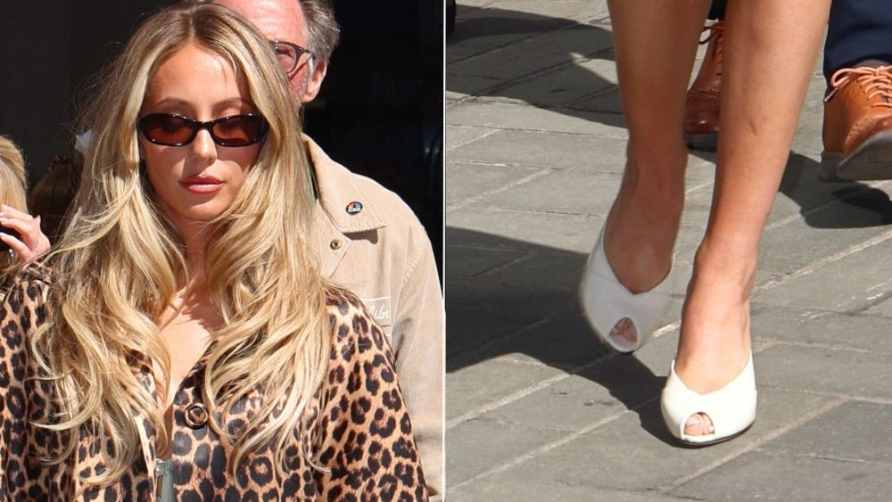 Alix Earle wearing a pair of crispy white Jimmy Choo Brigitte Mules in New York City as she left the "Today" show on Monday.
