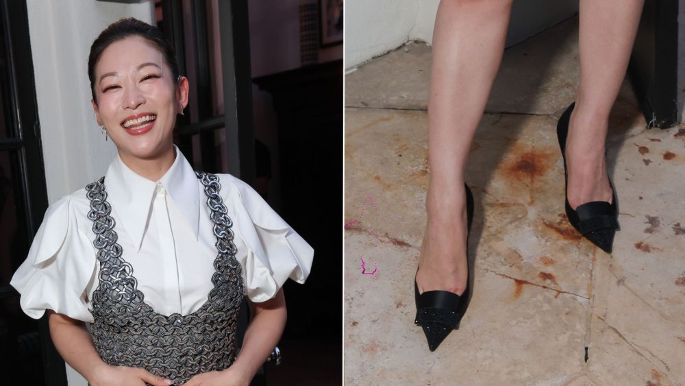 Arden Cho wearing Sergio Rossi SR1 Pumps with a crystal pavé cap-toe at the 2026 WIF Oscars Nominees Celebration on Friday night.