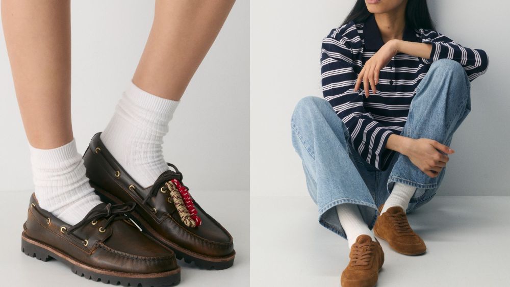 model wearing aritzia x sperry two-eye lug boat shoe with white crew socks; model wearing aritzia x sperry slim jogger shoes in a brown colorway