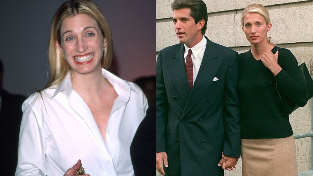 Carolyn Bessette Kennedy poses for a picture at the Annual Fundraising Gala March 9, 1999 at the Whitney Museum of American Art in New York City; JFK Jr. and Carolyn Kennedy leaving their New York apartment