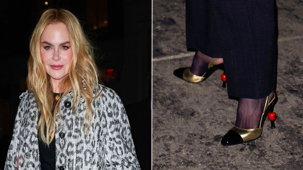 Nicole Kidman wearing Chanel pre-fall 2026 (Métiers d’Art 2025) cap-toe slingback pumps with a red apple detail on the heel while out in New York City on Monday night.