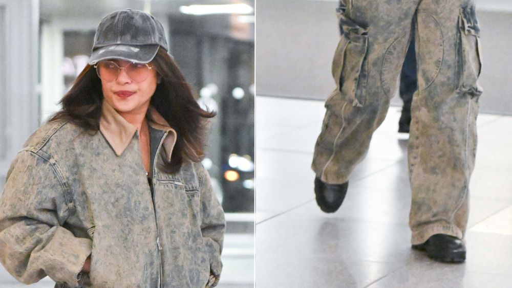 Priyanka Chopra Jonas wearing lug-sole pull-on boots with a platform treaded base while arriving at JFK International Airport in New York City on Tuesday.