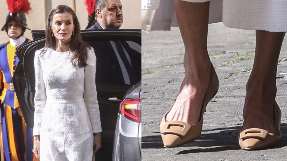 Queen Letizia of Spain arrives at St. Damaso Court before meeting with Pope Leo XIV on March 20, 2026 in Vatican City, Vatican.