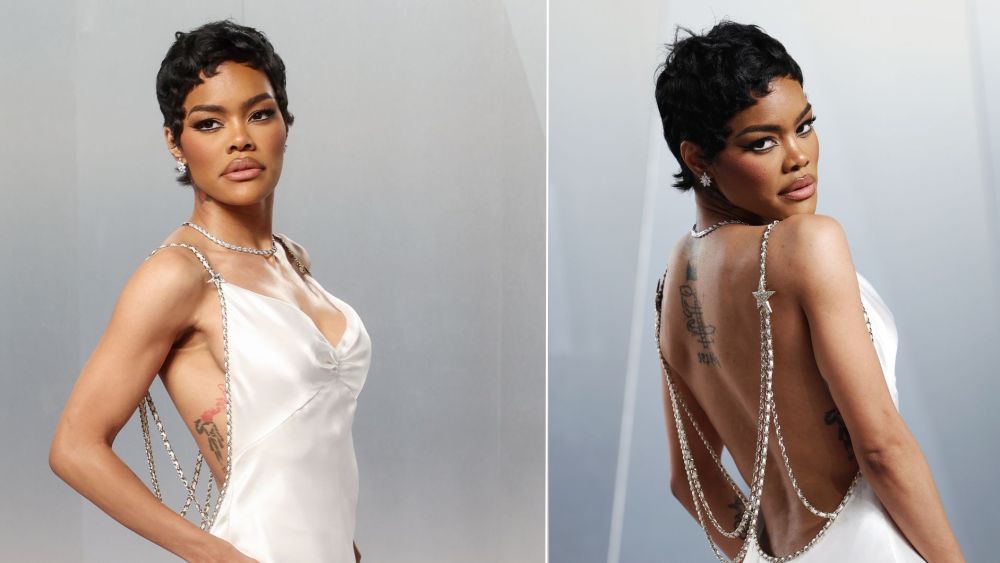 Teyana Taylor wears a white Chanel dress on the Vanity Fair 2026 Oscar Party red carpet on Sunday.