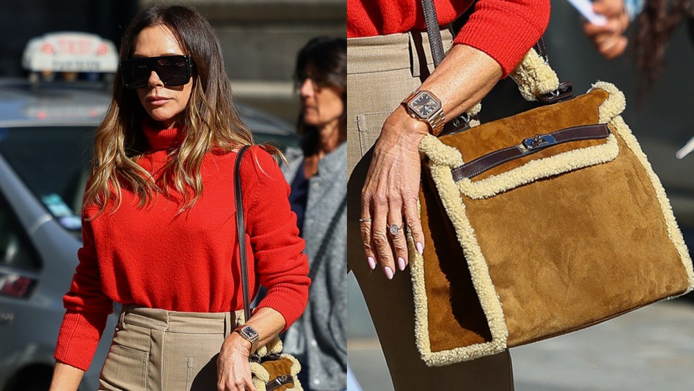 Victoria Beckham carries the Hermès Kelly Bag with suede and shearling detailing in Paris.