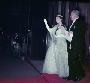 Queen Elizabeth II, at a State Banquet in Canberra, Australia, February 1954, wearing a gown by Norman Hartnell.
