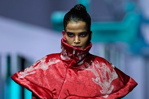 A model presents a creation by FDCI x Pearl Academy First Cut during the Lakmé Fashion Week in Mumbai on March 22, 2026.