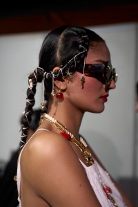 A model poses for pictures backstage before the Max Fashion show at Lakme Fashion Week 2026 on March 22, 2026 in Mumbai, India.