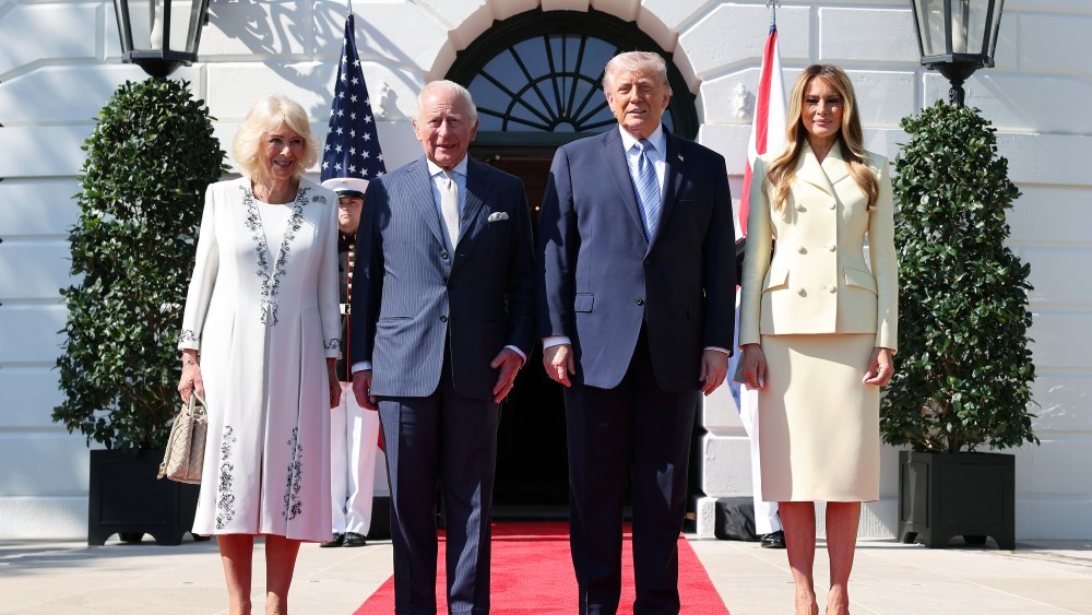 Queen Camilla, King Charles III, U.S. President Donald Trump and First Lady Melania Trump on day one of the State Visit of King Charles III and Queen Camilla to the United States of America, on April 27, 2026 in Washington, DC. King Charles III and Queen Camilla will visit the nation's capital, New York City, and Virginia during the trip arranged to celebrate the United States of America's 250th anniversary of its independence.