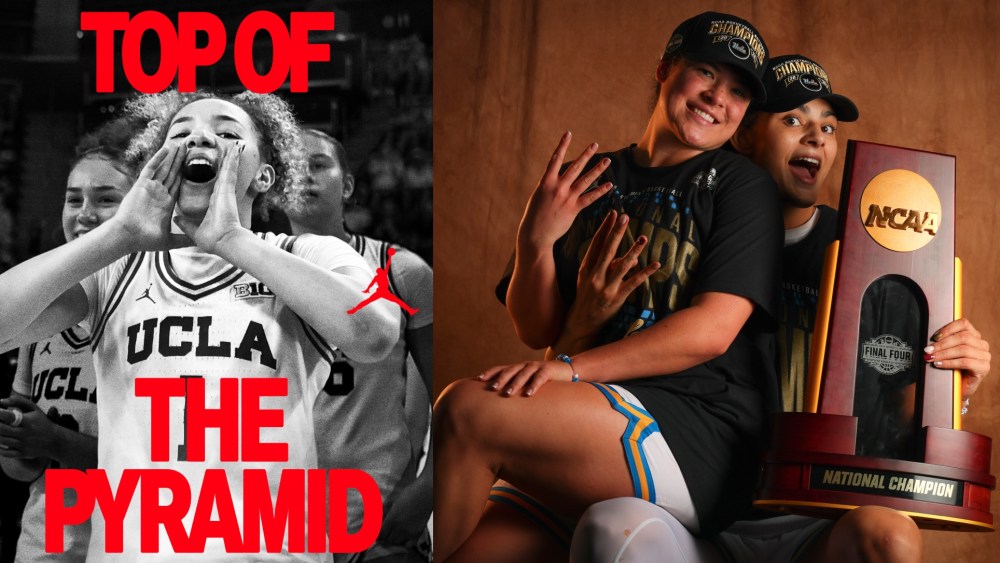 Left: Jordan Brand celebrates the UCLA women's basketball team win.
Right: Charlisse Leger-Walker #5 of the UCLA Bruins and Lauren Betts #51 of the UCLA Bruins pose for a portrait after defeating the South Carolina Gamecocks during the NCAA Women's Basketball Championship game at Mortgage Matchup Center on April 5, 2026 in Phoenix, Arizona.