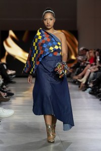 A model walks the runway wearing a look by Veronica Fletcher for Sonny Michael during LIM College's 81st Annual Fashion Show "Global Fashion Fusion" at The Glasshouse on April 10, 2026 in New York City.