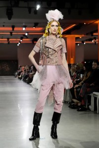 A model walks the runway wearing a look by ESMOD France student designer Irene Bergoin during LIM College's 81st Annual Fashion Show "Global Fashion Fusion" at The Glasshouse on April 10, 2026 in New York City.