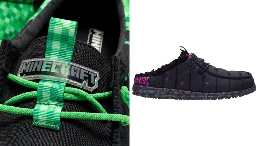 How to buy Minecraft X Hey Dude shoes online; close up new Minecraft x Hey Dude collab shoes; black Hey Dude with Enderman on them photographed over a white background