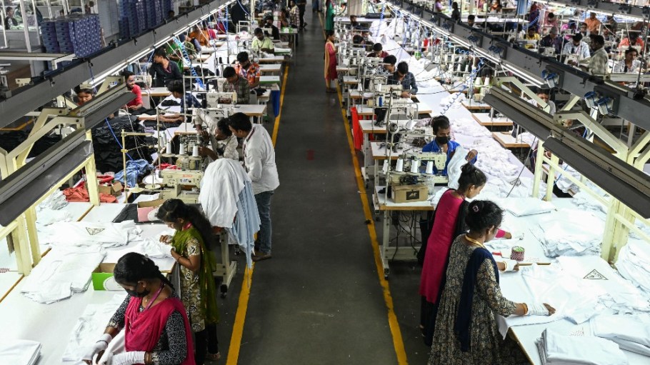Employees work at a garment factory in Tiruppur, in India's southern state of Tamil Nadu.