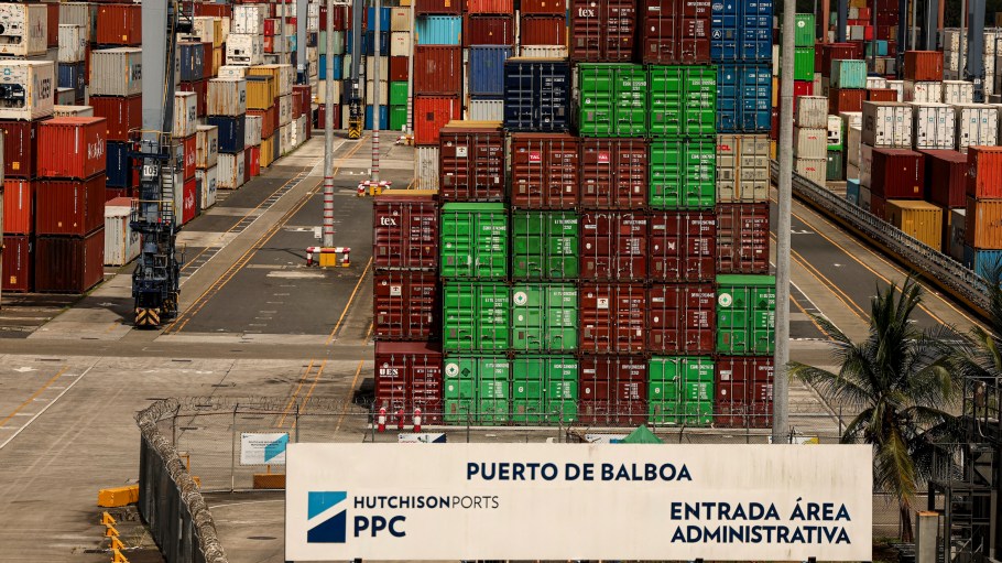 This view shows the Port of Balboa, managed by CK Hutchison Holdings based in Hong Kong, at the entrance to the Panama Canal in Panama City on February 23, 2026. Panamanian maritime authorities on February 23, 2026, took control of two ports on the Panama Canal from Hong Kong-based CK Hutchison after its concession was annulled following pressure from the United States. (Photo by MARTIN BERNETTI / AFP)
