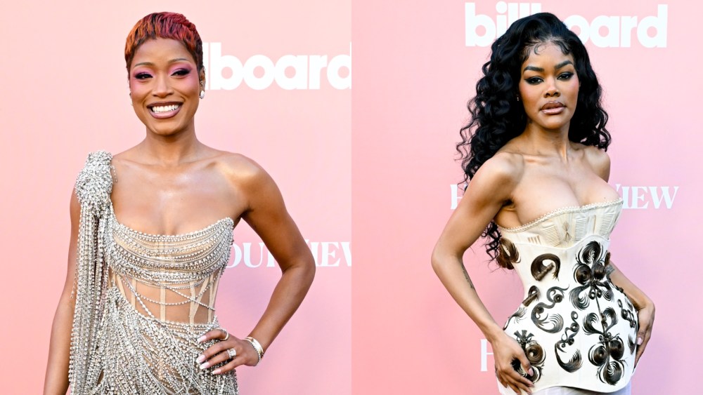Keke Palmer wears Monse, left, and Teyana Taylor wears Ashi Studio at the Billboard Women in Music 2026 on April 29 in Los Angeles.