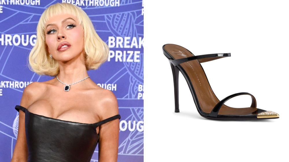 Christina Aguilera at the 12th Breakthrough Prize on Saturday night, where she wore Giuseppe Zanotti Intriigo Jewelry 105 sandals.