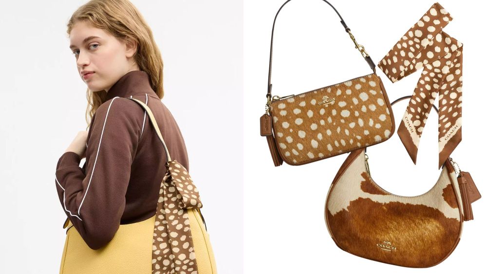 woman holding a bag with a coach outlet deer print scarf on it; selection of animal print accessories, in deer and cow print, from coach outlet over white background; animal print trend spring shop