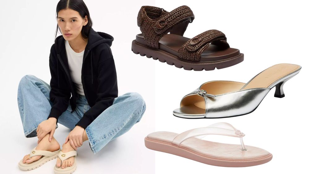 model wearing a coach outlet flip flop, with a raffia sandal, kitten heel sandal, and jelly sandal overlaid on top; best sandals to shop at coach for spring