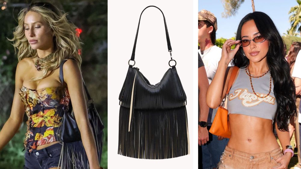 Alix Earle carrying the Hammitt Kyle Sml in Statement Fringe/Gunmetal, and Becky G wearing the same bag in the Tailored Tangerine/Silver finish, during Weekend 1 of Coachella 2026.