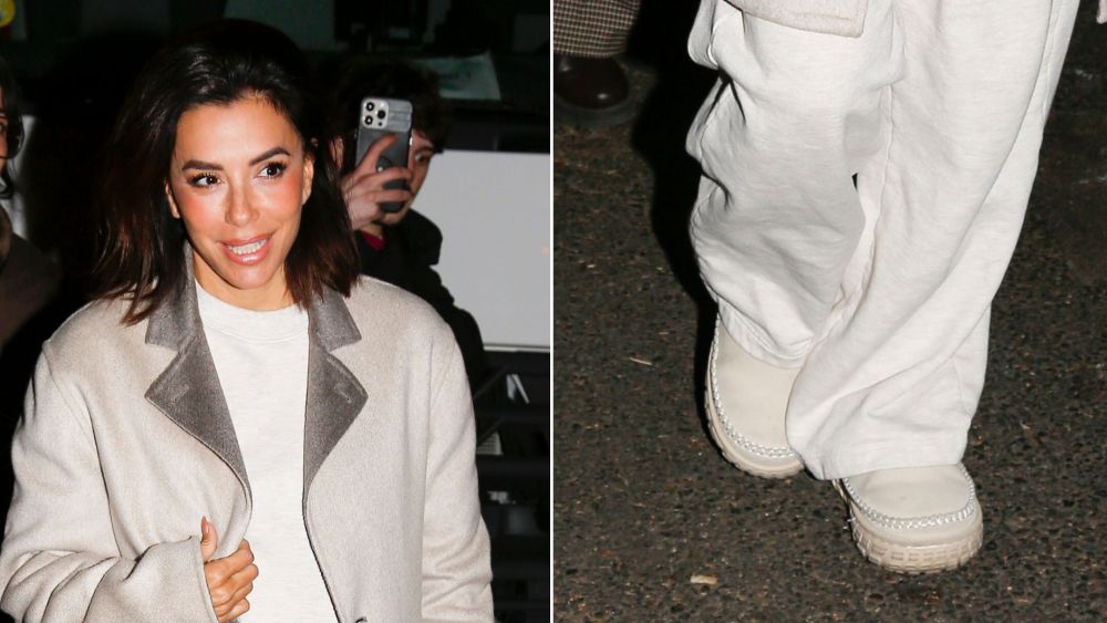 Eva Longoria in a pair of chunky white shoes in Paris on Monday, April 13.