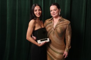 Marcelle Barbosa and Melissa McCarthy pose with the Graduate Award at Fashion Trust U.S. Awards 2026 held at Nya Studios West on April 07, 2026 in Los Angeles, California.