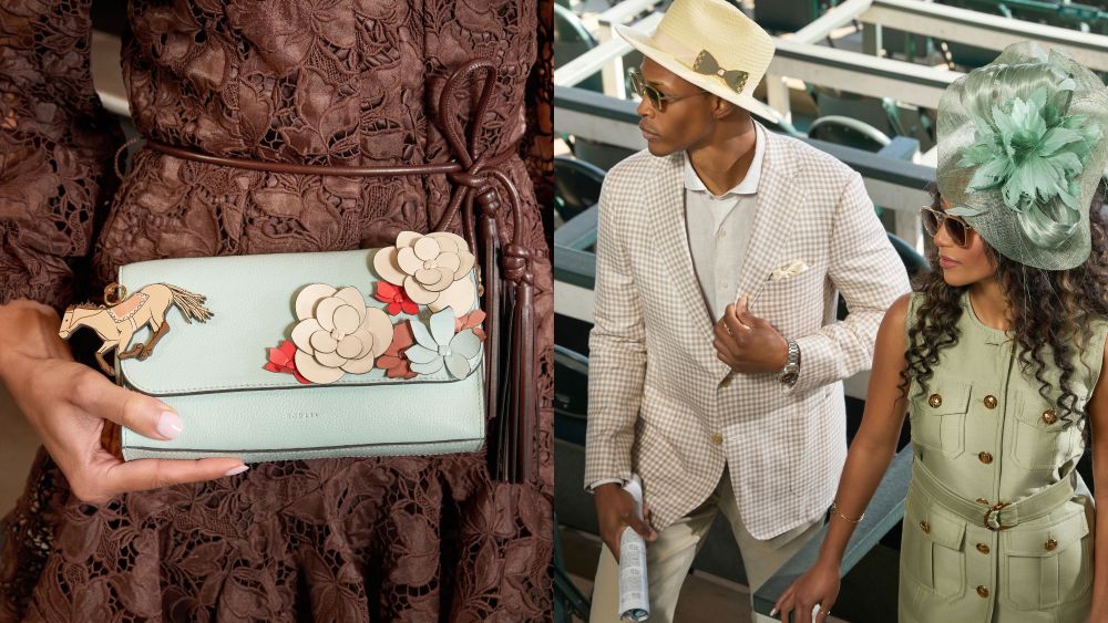 woman wearing an intricate lace dress and holding a bag with horse applique on it; woman and man posing at the kentucky derby; what to wear to the kentucky derby 2026